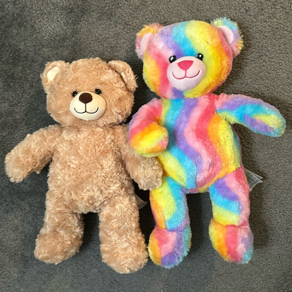 Set of build-a-bear rainbow and brown bear stuffed animals